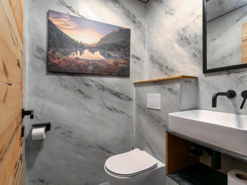 a bathroom with a white toilet and a sink at Bergzeit Hollersbach XL in Hollersbach im Pinzgau