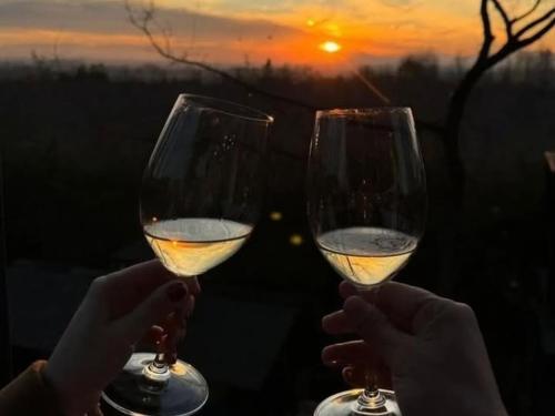 two people holding up glasses of white wine at sunset at Chalés Cantinho do Céu in Monte Verde