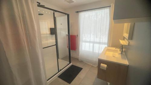 un bagno con doccia in vetro e lavandino di Maison de vacances à l'Ile d'Orleans a St-Pierre-de-l'Île-d'Orléans