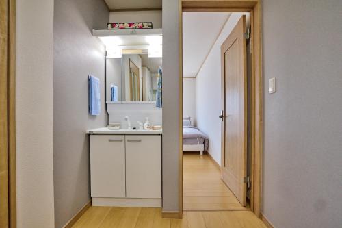 富士河口湖フルハウス的浴室里有洗手池和镜子