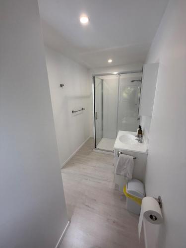 a white bathroom with a shower and a sink at Whangapoua retreat in Whangapoua