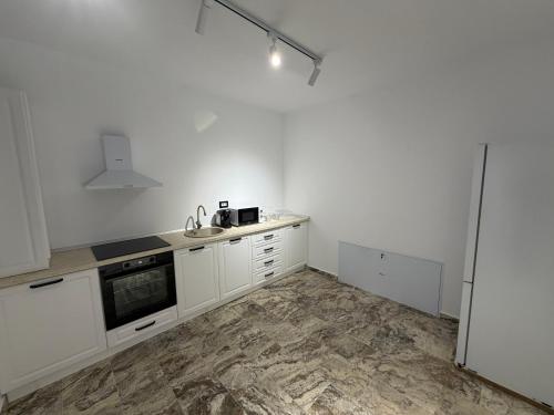 una cucina bianca con lavello e frigorifero di Therme One Level Villas a Baloteşti