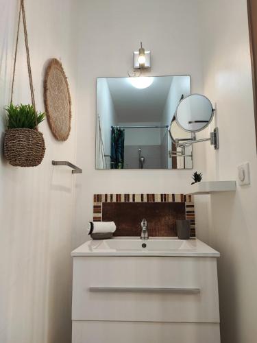 un bagno con lavandino e specchio di Fleur de canne a Sainte-Rose