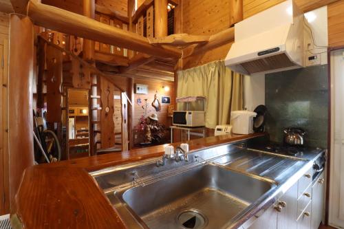 eine Küche mit einer Spüle aus Edelstahl in einer Hütte in der Unterkunft ウィークリー宿家里 in Akaren