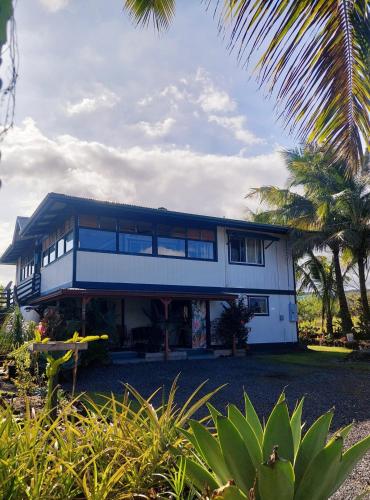 a white house with palm trees in front of it at Hale Mapuana in Pahoa