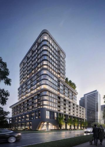 a rendering of a tall building with people walking in front at Trafalgar in Oakville