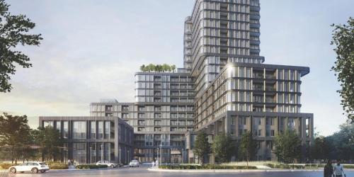 eine Darstellung eines hohen Gebäudes mit davor parkenden Autos in der Unterkunft Trafalgar in Oakville