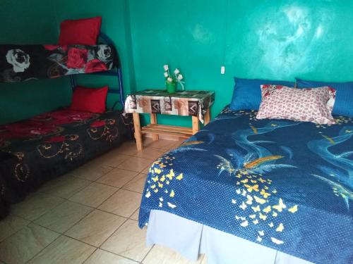 a bedroom with a bed and a green wall at El Pacifico Hostel in Juayúa