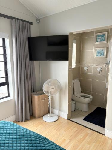 Un dormitorio con un baño con inodoro y televisión. en 12 Leisel Lane, en St Francis Bay