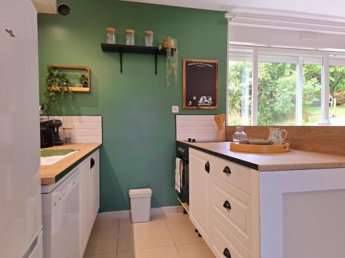 FollignyLe petit logis的厨房设有绿色的墙壁、白色的橱柜和水槽