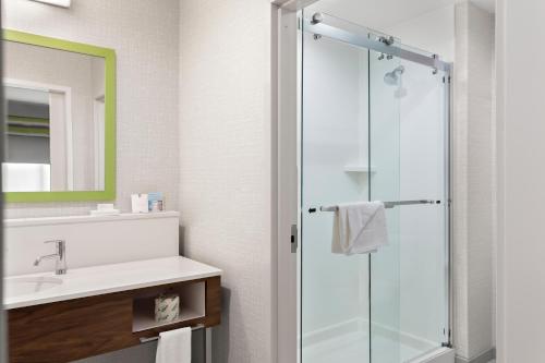 un bagno con doccia e lavandino di Hampton Inn By Hilton Huntley Chicago a Huntley