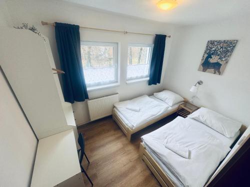 a small room with two beds and two windows at Chalupa Zdíkov na Šumavě in Zdíkov