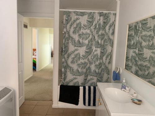ein Badezimmer mit Waschbecken und Dusche in der Unterkunft Seaview House Unit 2A in Whangarei