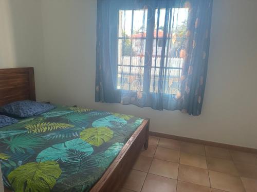 圣皮埃尔Villa Corbeil的一间卧室，里面有一张床和一扇窗户。