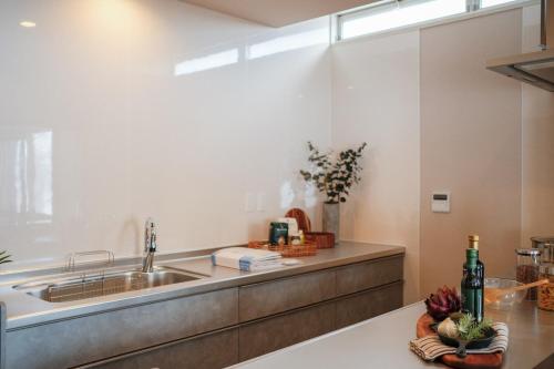eine Küche mit Spüle und Arbeitsplatte in der Unterkunft Forest and Stars Akakura Luxe in Myōkō