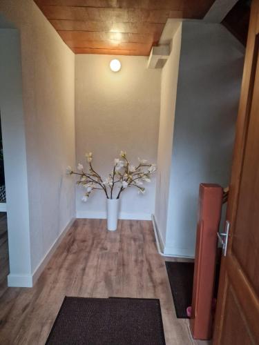 a vase with flowers in the corner of a hallway at Brīvdienu māja Vecdaugavā in Rīga