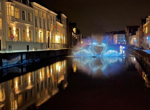 una fuente en medio de un canal por la noche en B&B Royal Swans, en Brujas