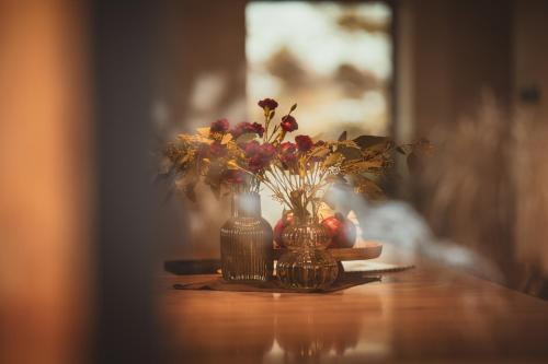 a vase with flowers and apples on a table at Rycerki Dom na Szlaku in Rajcza
