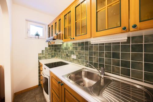 克拉尼斯卡戈拉Apartments Baki Kranjska Gora的厨房配有不锈钢盥洗盆和木柜