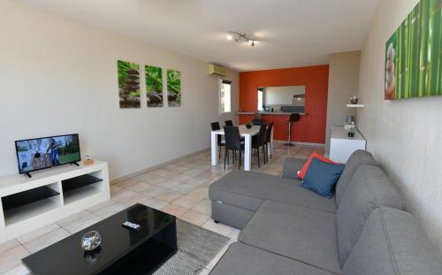 Una sala de estar con un sofá y un televisor en Calvi Résidence, Appart'hôtel, en Calvi