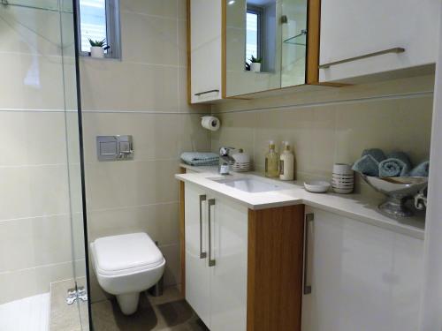 a bathroom with a toilet and a sink and a shower at Summerseas 54 in Port Elizabeth