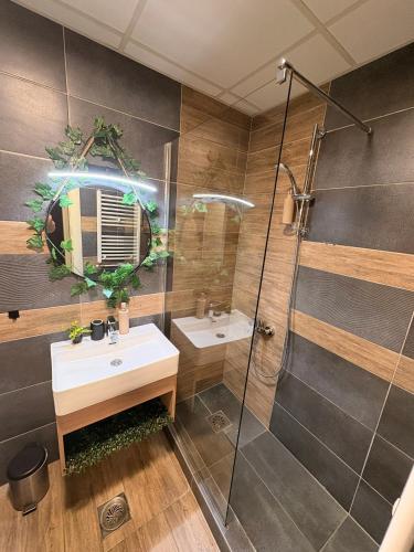 Un baño con lavabo y ducha en NAR Royalton Apartment #01, en Niš