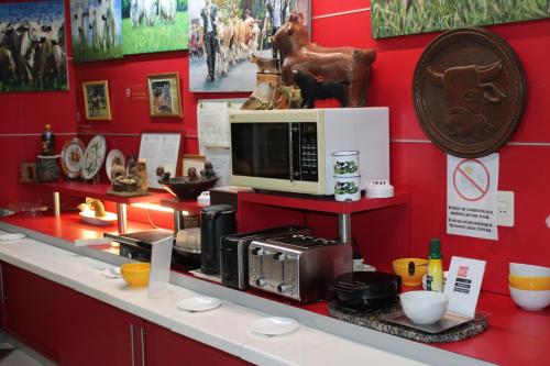 亚松森Aparthotel Maison Suisse的红墙上有带微波炉的柜台