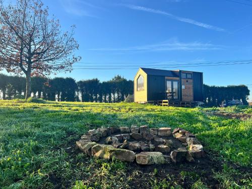 uma pequena casa em um campo com uma fogueira em Quinta da Runa by Tiny Away em Bagunte