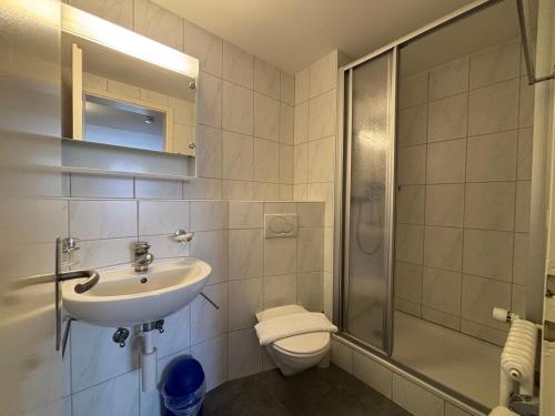un bagno con lavandino, WC e doccia di Studio at famous Storchengasse - Stork 45 a Zurigo