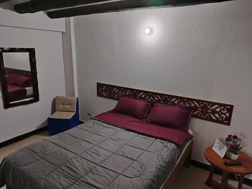 a bedroom with a bed and a mirror and a chair at Villa Girasol in Villa de Leyva