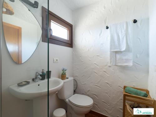 a bathroom with a toilet and a sink and a mirror at Living Artenara - EARTH Adults Only in Artenara
