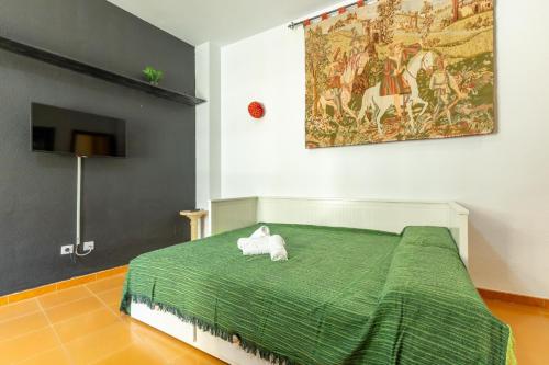 ein Schlafzimmer mit einem grünen Bett mit einer weißen Katze darauf in der Unterkunft Conde Center Premium Suites in Sevilla
