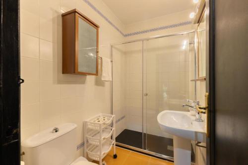ein Badezimmer mit Dusche, Toilette und Waschbecken in der Unterkunft Conde Center Premium Suites in Sevilla