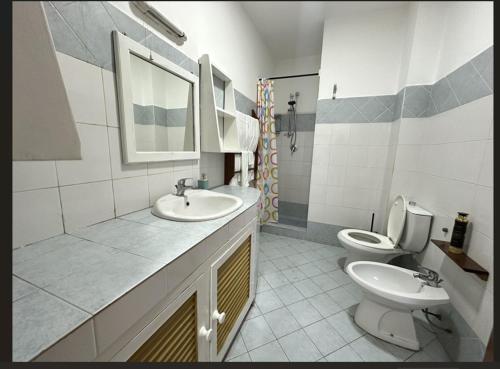 een badkamer met een wastafel, een toilet en een spiegel bij The Malindi Mansion in Malindi