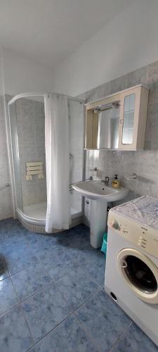 a bathroom with a shower and a sink and a washing machine at Apartman Alenka in Tkon
