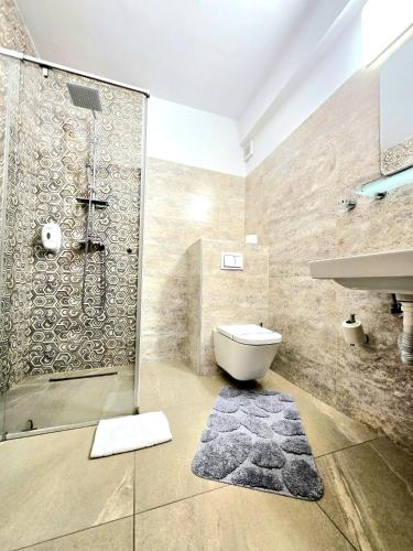 a bathroom with a shower and a toilet and a sink at Hotel Delaf in Cluj-Napoca