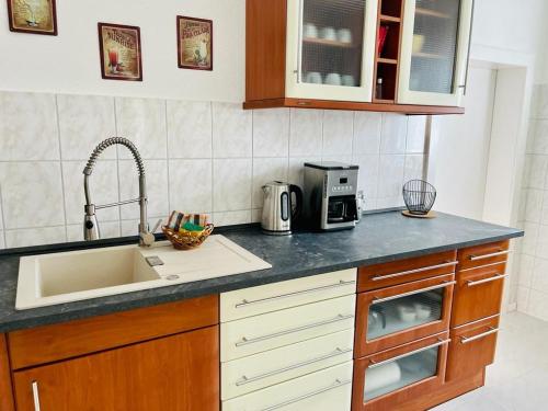 eine Küche mit Spüle und Mikrowelle in der Unterkunft Zimmer in Werneuchen bei Berlin in Werneuchen