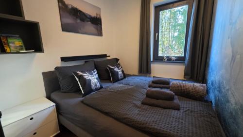 a bedroom with a bed with pillows and a window at Dachstein104 in Bad Goisern