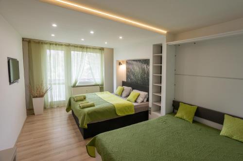 a bedroom with two beds with green sheets at HARMONY Apartment in Janske Lazne