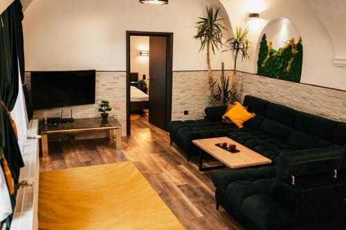 un soggiorno con un divano nero e una TV di Central Vibes a Sibiu