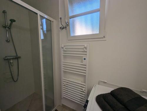 een badkamer met een douche, een raam en een wastafel bij Gite du seminaire in Langres