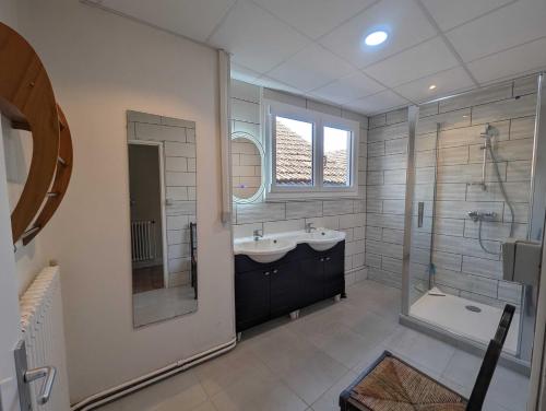 een grote badkamer met een wastafel en een douche bij Villa antigone in Vaux-sous-Aubigny