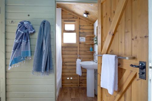 ein Badezimmer mit Waschbecken in einem Holzhaus in der Unterkunft Teal - Exton Park in Exton