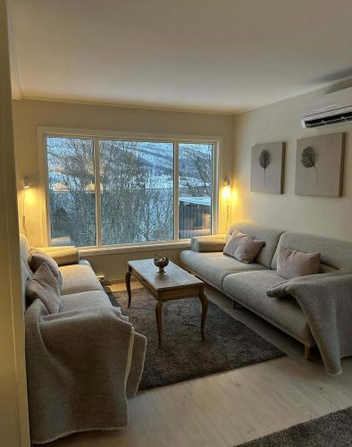 a living room with two couches and a table at Herb Farm Guesthouse in Senja