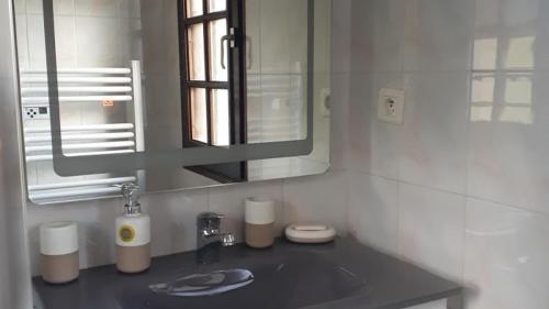 een badkamer met een wastafel en een spiegel bij Gite Saint Pardoux L'ortigier in Saint-Pardoux-lʼOrtigier