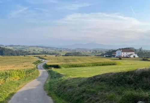 een weg door een veld met een huis in de verte bij Finca El Carbayal in El Campo