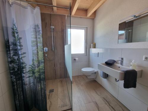 een badkamer met een douche, een toilet en een wastafel bij Hubertus in Dietingen