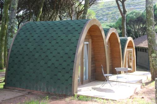 a small wooden house with a green roof at Montejunto Bungalows in Cadaval