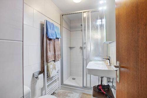 un bagno con doccia, WC e lavandino di Ferienwohnung Steinebrunner a Todtnau