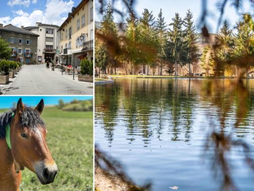 três imagens de um cavalo ao lado de um corpo d'água em El Refugio Sujadaro em Osséja